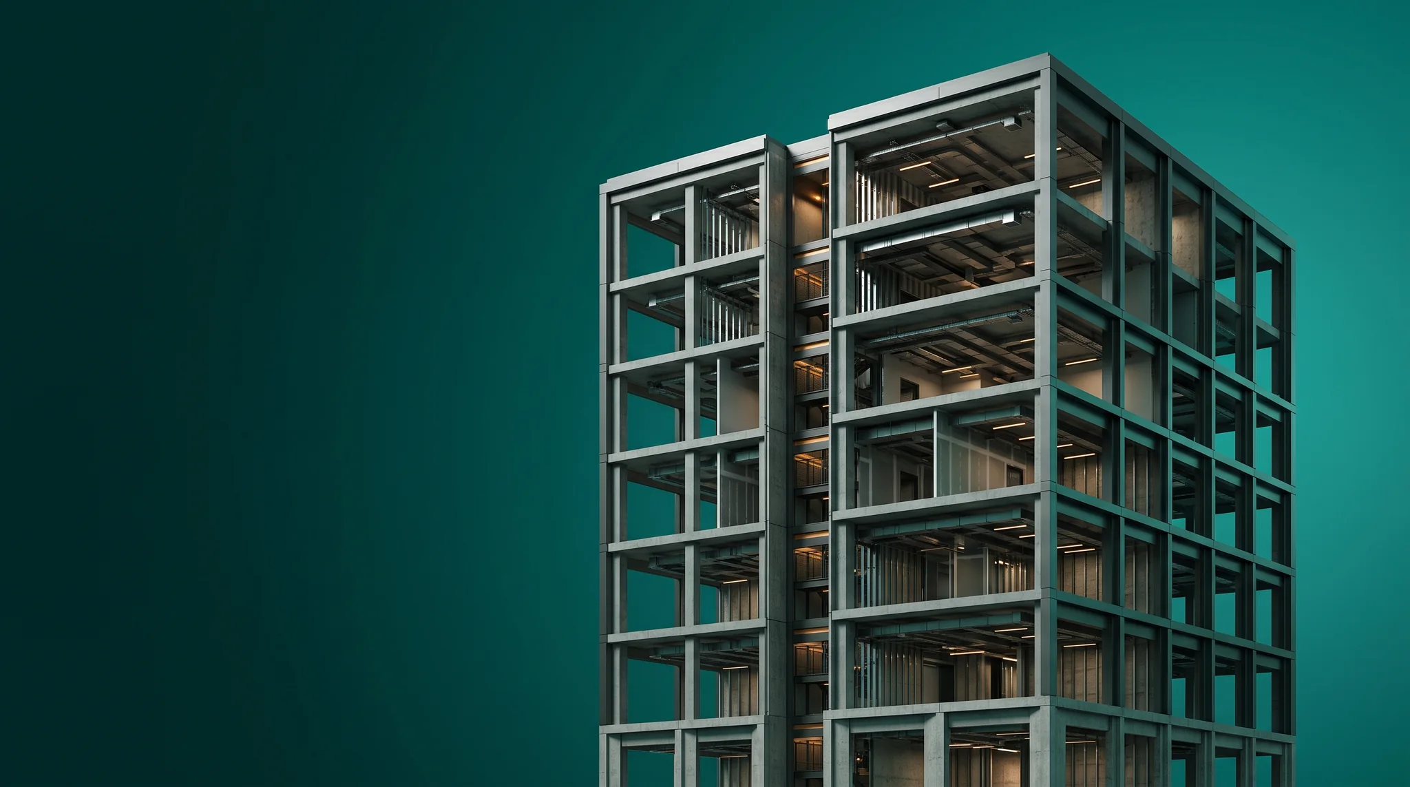 Interior do edifício com estrutura e instalações aparentes