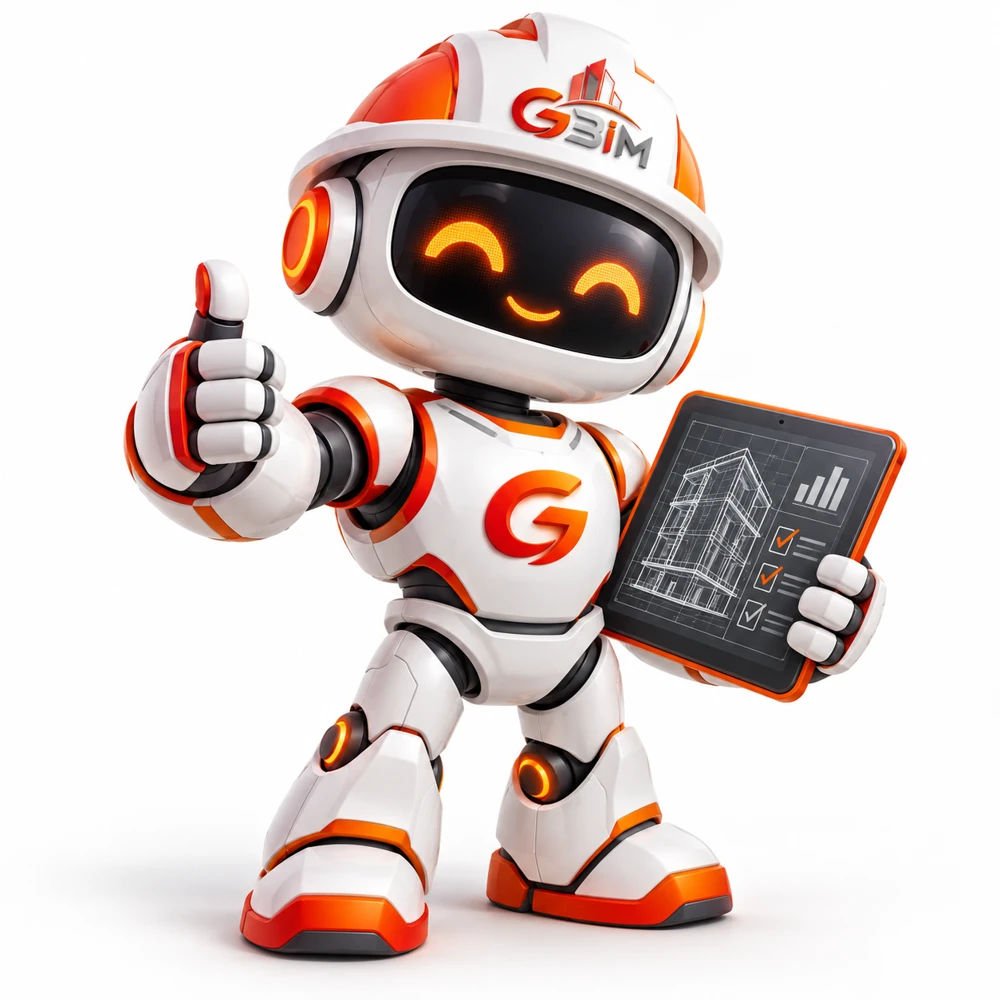 Mascote GBIM: robô com capacete de obra segurando um tablet de engenharia