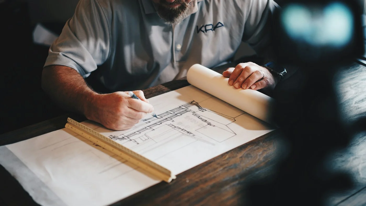 Profissionais analisando plantas e desenhos de arquitetura sobre uma mesa